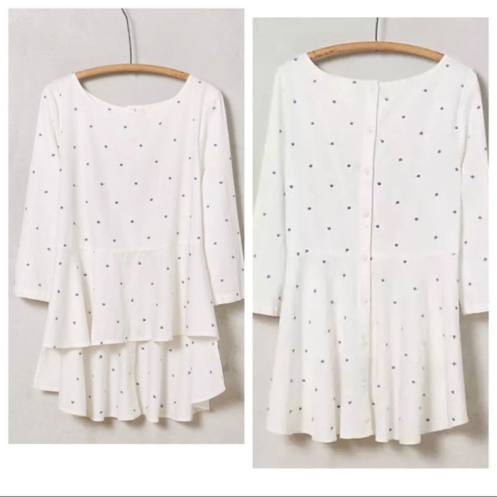 Anthropologie Maeve White Peplum Button Down Back Blouse with Blue Stitched Dots